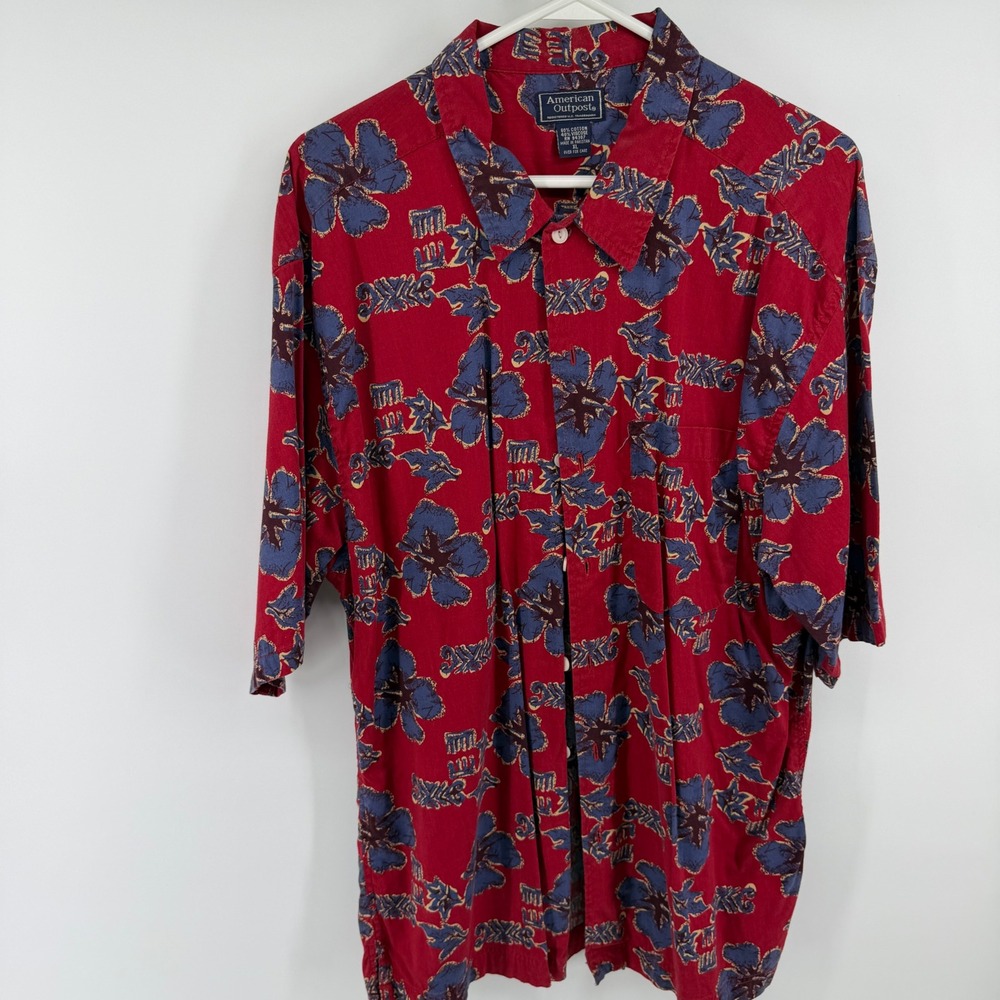 American Outpost Mens XL Red Floral Tribal Hawaiian Camp Shirt Cotton Viscose